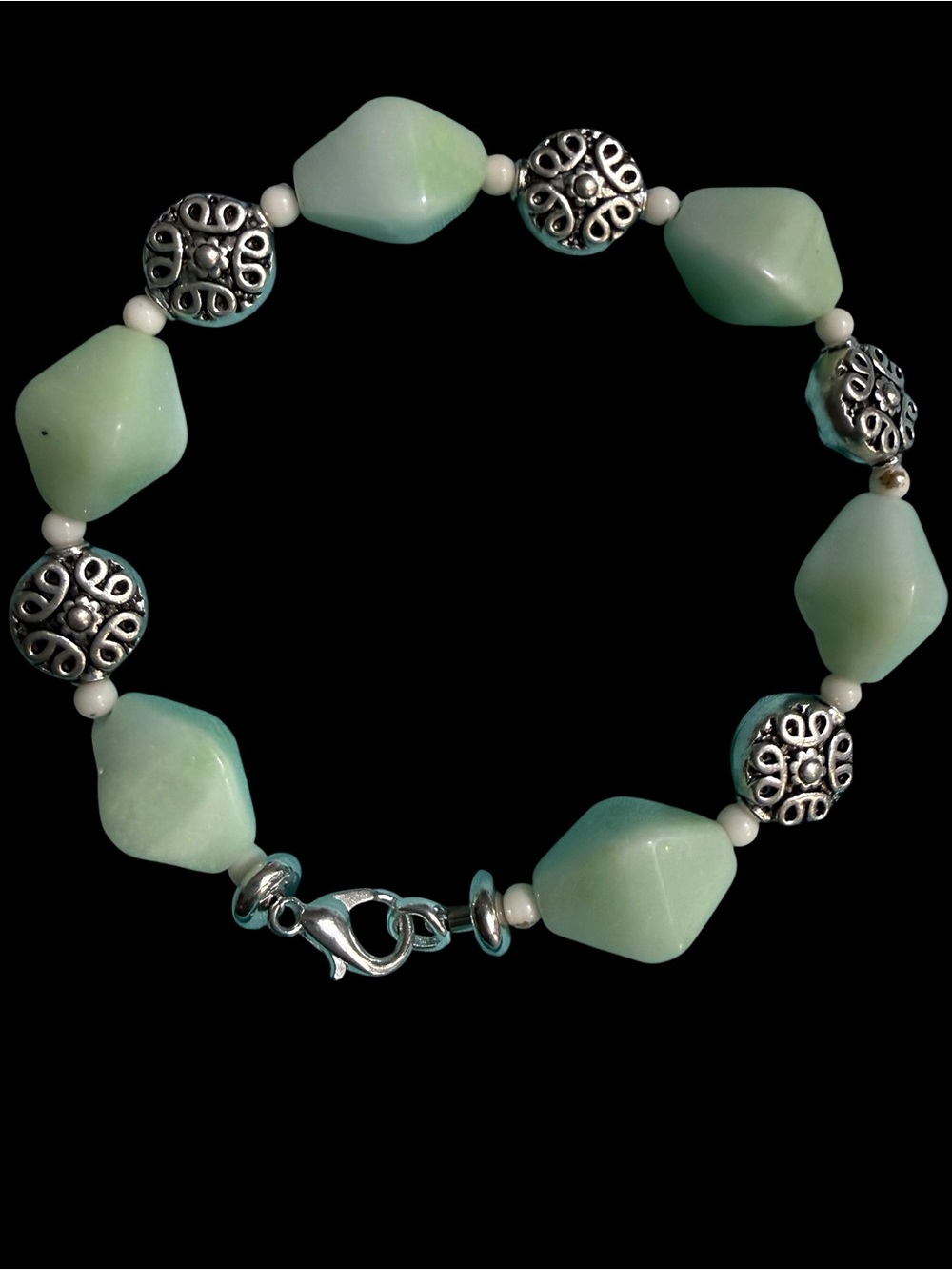 Seafoam Green Beaded handmade wired 1ofa kind Bracelet w/Silver Filigree Accents